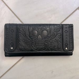Loungefly black embossed faux leather trifold wallet with sugar skull detail